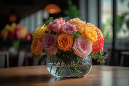 Bouquet of colorful roses in vase on table in cafeの素材