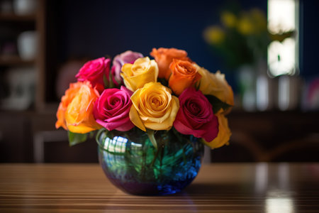 Bouquet of colorful roses in vase on wooden table.の素材