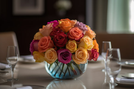 Bouquet of multicolored roses in a vase on the tableの素材