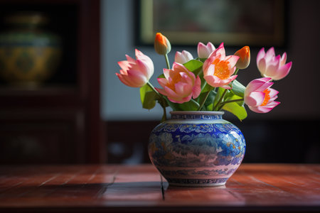 Bouquet of tulips in a vase on the tableの素材