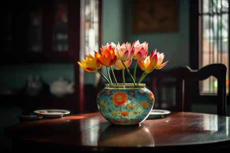 Colorful tulips in vase on the table in the roomの素材