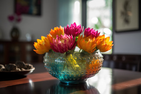 Bouquet of colorful flowers in vase on table in living roomの素材