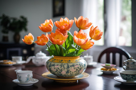 Orange tulips in a vase on a wooden table with teaの素材