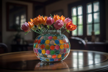 Colorful tulips in a glass vase on a wooden tableの素材