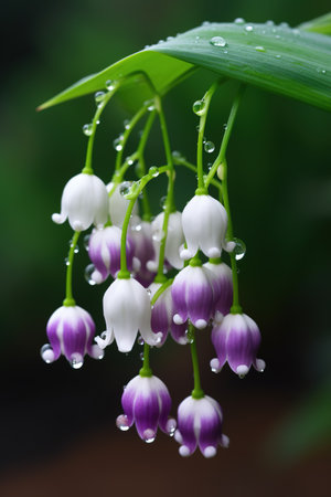 Lily of the valley flowers with water droplets on petalsの素材