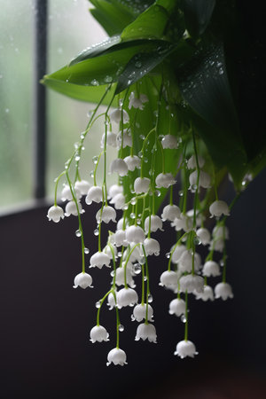 Lily of the valley flowers with raindrops on the petalsの素材