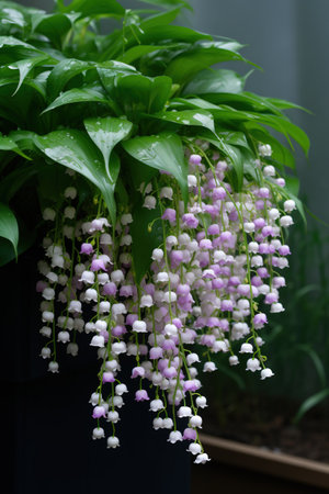 Lily of the valley bouquet on the windowsill with raindropsの素材