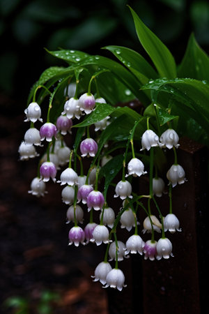 Lily of the valley flowers in a vase on a dark backgroundの素材