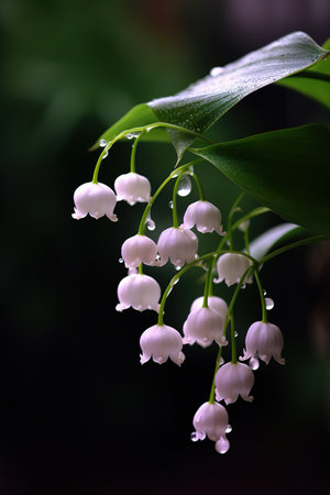 Lily of the valley, Convallaria majalis, white flowers with raindropsの素材