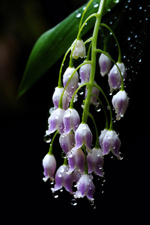 Lily of the valley on a dark background with water drops.の素材