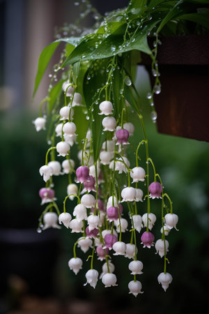 Lily of the valley flowers in a pot on a rainy dayの素材