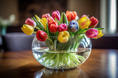 Colorful tulips in a vase on a wooden table.の素材
