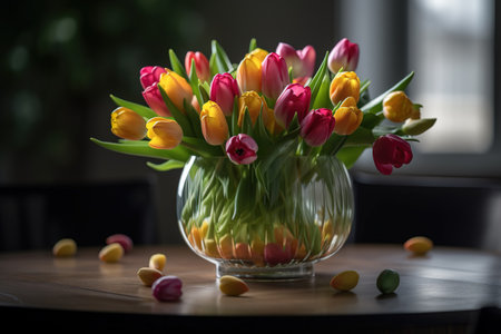 Bouquet of tulips in a vase on a wooden tableの素材