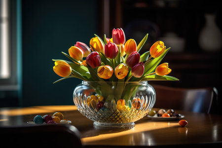 Bouquet of tulips in a vase on the tableの素材