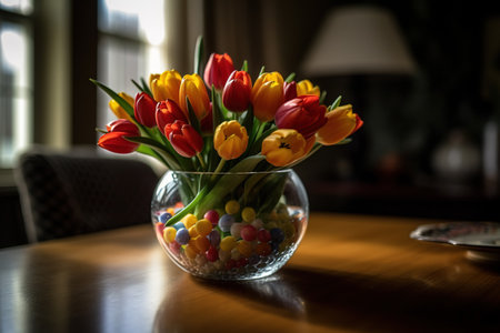 Bouquet of tulips in a glass vase on the tableの素材