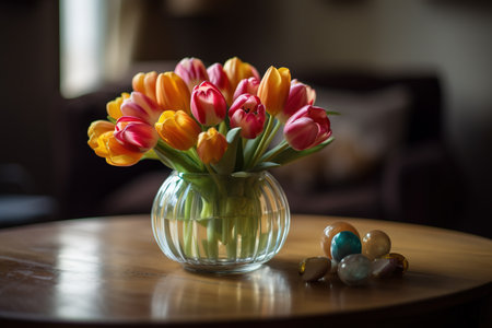 Bouquet of tulips in a vase on a wooden tableの素材