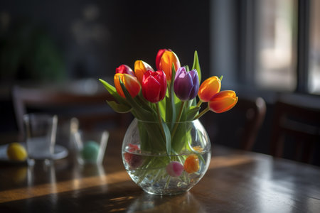 Bouquet of tulips in a vase on the tableの素材