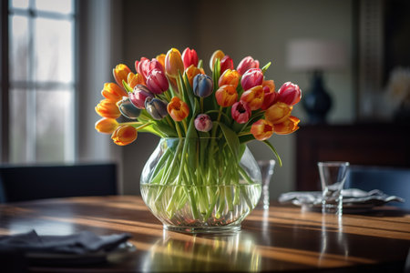 Bouquet of tulips in a vase on the tableの素材