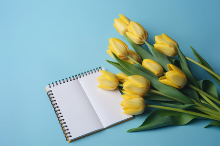 Bouquet of yellow tulips with a notebook on a blue backgroundの素材