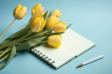 Bouquet of yellow tulips with notebook and pencil on blue backgroundの素材