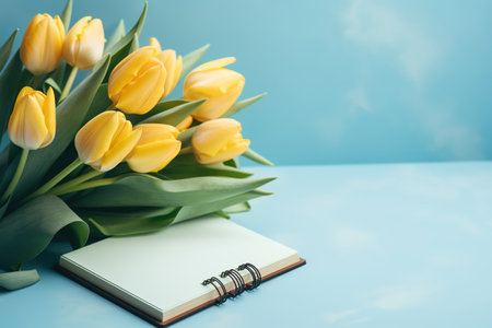 Bouquet of yellow tulips and notebook on blue background.の素材