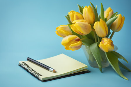 Bouquet of yellow tulips in vase and notebook on blue backgroundの素材