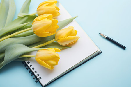 Yellow tulips and notebook on blue background. Top view with copy spaceの素材