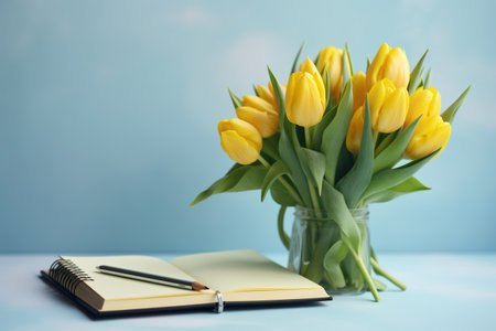 Bouquet of yellow tulips in a vase and a notebook on a blue backgroundの素材