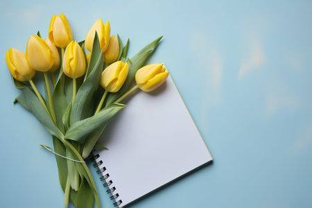 Bouquet of yellow tulips and notebook on blue background, top viewの素材
