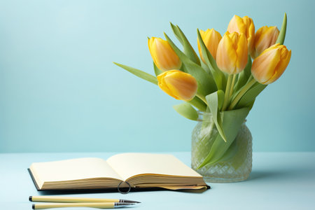 Bouquet of yellow tulips in vase and notebook on blue backgroundの素材