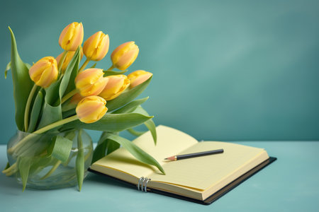 Bouquet of yellow tulips in a vase and notebook on blue backgroundの素材