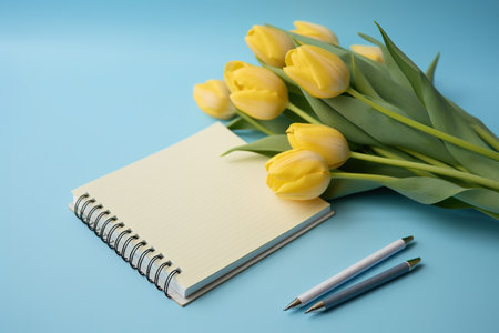 Yellow tulips with notebook and pen on blue background. Copy space.の素材