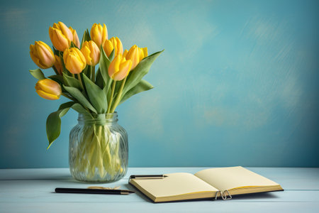 Bouquet of yellow tulips in a glass vase with notebook and pen on blue backgroundの素材