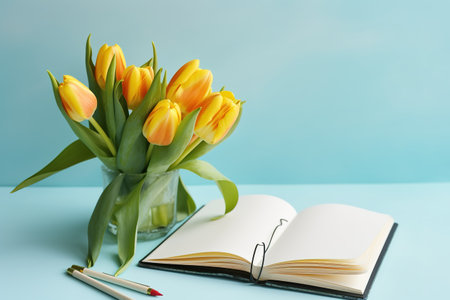 Bouquet of yellow tulips and notebook on blue background.の素材