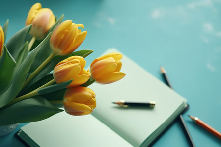 Bouquet of yellow tulips with notebook and pen on blue backgroundの素材
