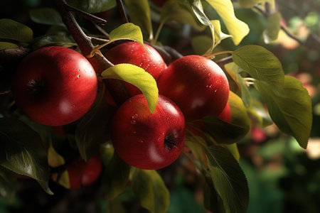 Red apples on a tree branch in the garden, close-upの素材