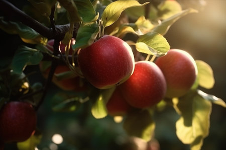 Ripe red apples on a branch of an apple tree in the gardenの素材
