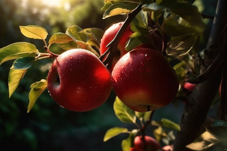 Red apples on a branch in the garden. Apple tree with ripe apples.の素材