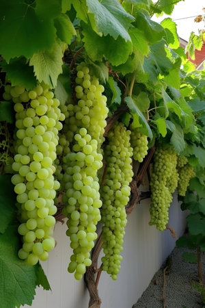 Bunch of white grapes with green leaves in a vineyard.の素材
