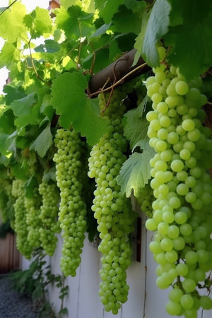 Bunches of green grapes on a vineyard in summer.の素材