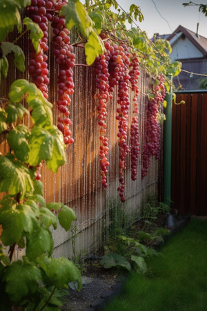 Grapes hanging on the fence in the garden. Grapes hanging on the fence.の素材