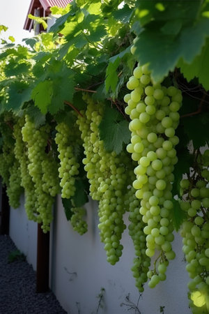 Bunch of green grapes hanging on a vine in a vineyardの素材