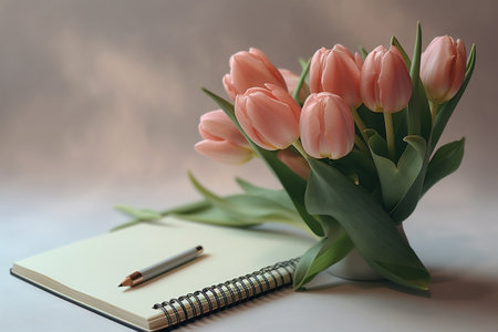 Bouquet of pink tulips and a notebook on a light backgroundの素材
