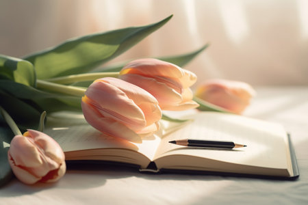 A bouquet of pink tulips and a notebook on the bed.の素材