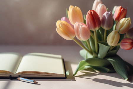 Bouquet of tulips with notebook and pencil on wooden tableの素材