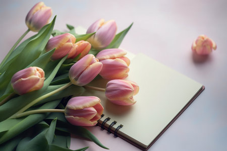 Bouquet of pink tulips and a notebook on a pink backgroundの素材