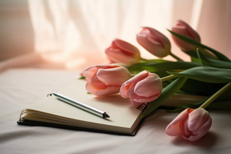 Bouquet of pink tulips and notebook with pen on bedの素材