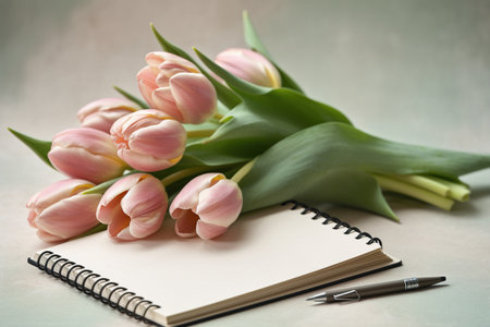 Bouquet of pink tulips and notebook on a light backgroundの素材