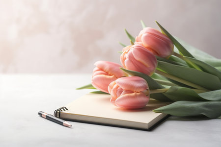 Bouquet of pink tulips and notebook on a light backgroundの素材