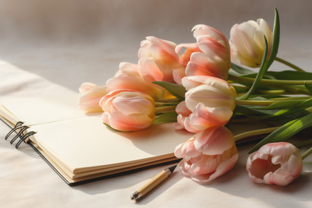 Bouquet of pink tulips and a notebook on a light backgroundの素材
